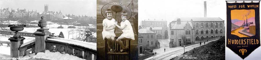 Photo Montage of Greenhead Park in the snow, Girls with parasol; Blakpool North Pier, Shop Lane Mills,Kirkheaton, c.1905, Suffragette Banner.