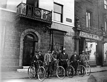 Cyclists, outside Dewsbury Cycling Club, Westgate, Dewsbury