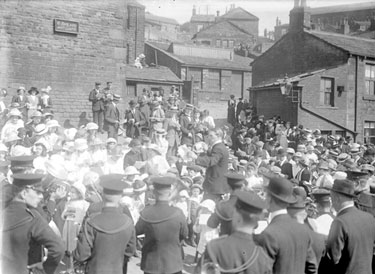 Brass Band and crowd, Whitsuntide?, outside G Sheards, Earlsheaton, Dewsbury