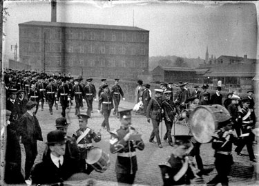 Soldiers and military band marching down Halifax Road, Dewsbury