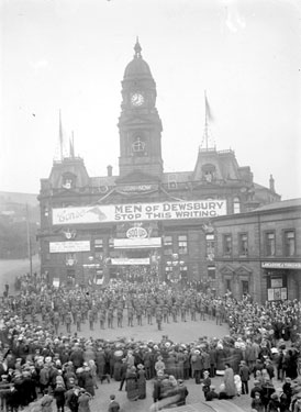 Decorated Dewsbury Town Hall for war recruitment and military display