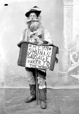 Portrait of man: Herr Shuman 'Sausage Maker to the World'