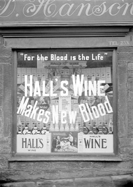 Shop display of Halls tonic wine, Hanson's Chemist Shop, Dewsbury