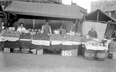 Fruit stall and traders, Dewsbury