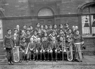 Brass Band outside public house, Harold Gutteridge, Licensee, Dewsbury