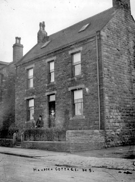 Hampden Cottage with man and boy outside, Dewsbury?