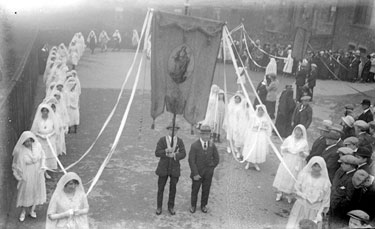 Religious procession with women in religious costume, Dewsbury