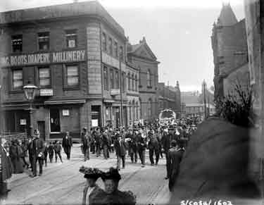 Whitsuntide Procession, Halifax Road, Dewsbury. This photograph is looking down past the site of the Majestic Cinema towards the Flat Iron site which underwent extensive redevelopment in the 1920's