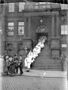 Religious Procession down Town Hall steps, Market Place, Dewsbury