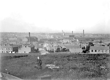 Hopton, Mirfield - view towards St. Mary's Parish Church, showing the railway station and mill buildings, including Holdsworth's Carding Works.