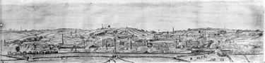 Panoramic view of Heckmondwike from pen and ink sketch by Mr E D Brook of Norristhorpe