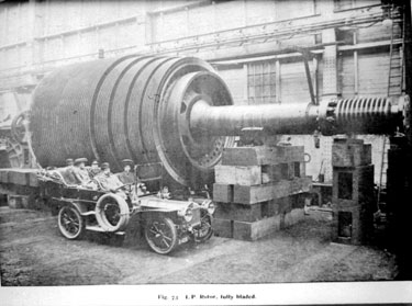Q.T.S.S. Mauretania: low pressure turbine rotor fully bladed from 'Shipbuilder' November 1907