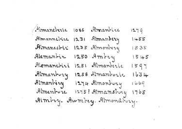 Various spellings of place name, Almondbury
