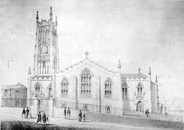 The Parish Church of St Peter's, Huddersfield. To the Reverend Josiah Bateman, vicar of Huddersfield and rural dean, this print is respectfully dedicated by his obliged and obediant servant, E Kemp.