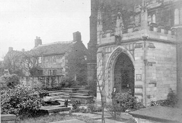 Almondbury Church porch and Parish Clerk's house. From photograph lent by James Garner, original photograph by George Hepworth, Brighouse.