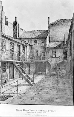 King's Head Yard, Cloth Hall Street, Huddersfield from a painting by C.H. Bishop dated 1923