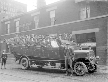 Charabanc with passengers, outside Railway Hotel, Bradford Road, Dewsbury