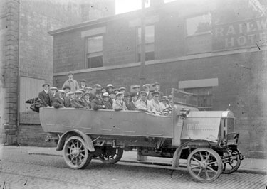 Charabanc with passengers, outside Railway Hotel, Bradford Road, Dewsbury