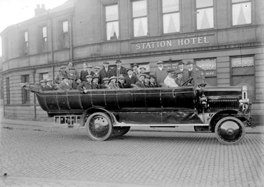 Charabanc with passengers, outside Station Hotel, Dewsbury