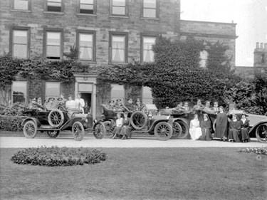 Cars parked outside Crow Nest Park Mansion, Dewsbury, with Army Officers and Nurses