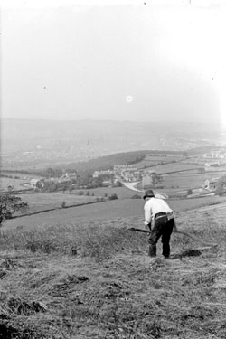 Man mowing hay, Almondbury in the distance