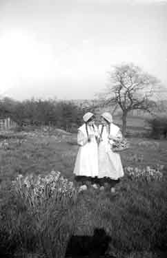 Young girls in costume gathering daffodils
