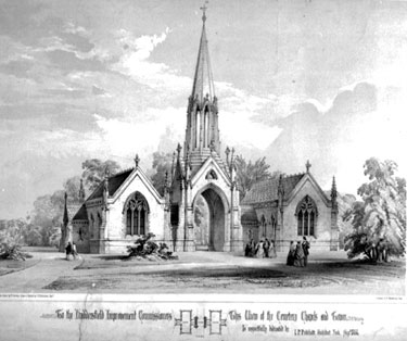 Drawing of Cemetary Chapels and Tower, 1853,Huddersfield