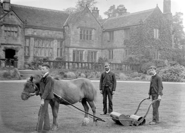 Horse-drawn lawnmower at Woodsome Hall
