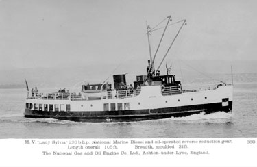 Thomas Broadbent & Sons Ltd: M.V 'Lady Sylvia' 220 b.h.p. National Marine Diesel & Oil operated reverse reduction gear. Length 105', breadth moulded 21'. The National Gas & Oil Engine Co Ltd, Ashton-u