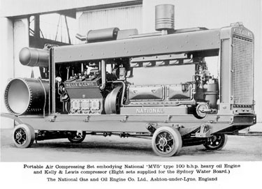Thomas Broadbent & Sons Ltd: Portable Air Compressing Set embodying National 'MV5' type 100 b.h.p. heavy oil engine and Kelly & Lewis compressor (8 sets supplied for the Sydney Water Board). National