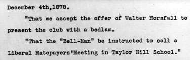 Document dated December 4th 1878: minutes of Liberal Club Meeting?