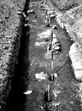Roman Fort, Slack, row of postholes west of subsidiary, north and south road, lower half