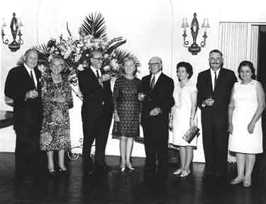 Brook Motors Limited: party at Durban County Club - from left K Mowat, Mrs B Brook, Sam Grainger, Mrs E Grainger, F W Brook, Mrs P Ferguson, KJH Ferguson, Mrs W Mowat