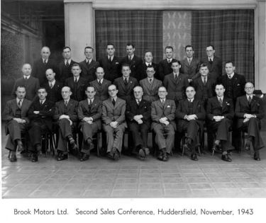 Brook Motors Limited: Sales Conference, Huddersfield: from left back row Sykes Townsend, Willie Ward, Ernest Reader, Reg Walkden, ?, Geoff Williams, ?, Ken Broome, Eric Winterbottom; from left middle