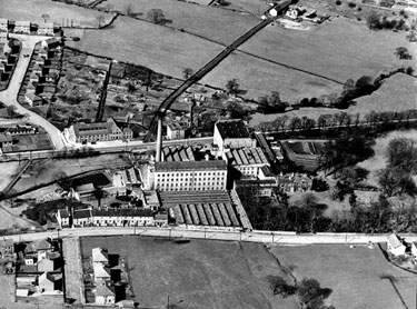 Aerial view of Beanlands Mill, Spring Grove Mills, Clayton West: from left J Booth, A Monkman, J White, J Allott, L Naylor, M Wild, P Dickinson, D Weatherall