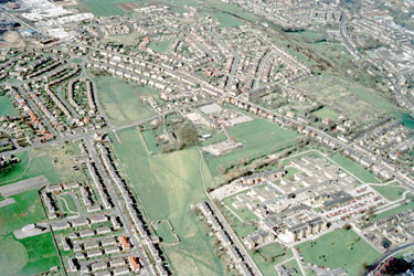 Aerial view of Gilthwaites First School, Denby Dale showing Gilthwaites Lane, Greenside, Pingle Rise,