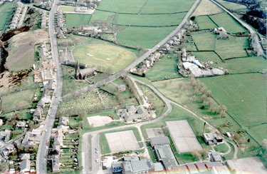 Aerial view of Ardron J & I School and Colne Valley High School, Linthwaite, Huddersfield, Gill Royd Lane on left and Church Lane branching out right