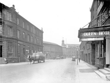 Market Street, Huddersfield - the Queen Hotel in the foreground, with the Cloth Hall in the distance