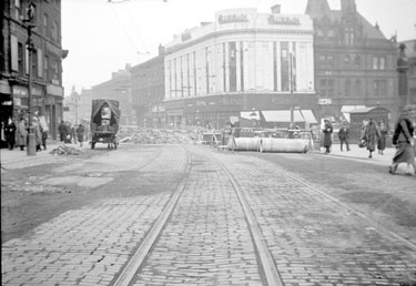 Removing tram rails from John William Steet, viewed from Market Place, Huddersfield