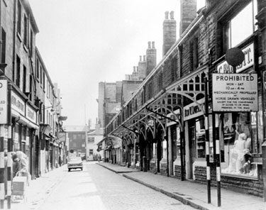 Shambles Lane viewed from King Street, looking towards Victoria Street, Huddersfield - the Market Hall building can be seen on the right of this image.