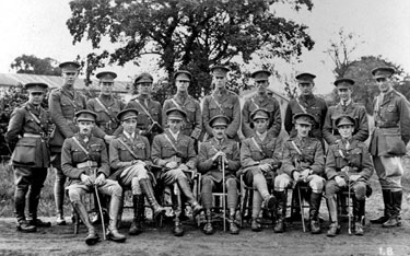 214 Battery Royal Artillery, Huddersfield Territorial Army - Catterick Camp, Brigade Offices, standing Lts. Stanley, Newborn, Swift?, Chilman, Newborn, Jones, Jackson, Dawson, Moxon / sitting - Capt.
