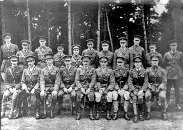 214 Battery Royal Artillery, Huddersfield Territorial Army - Redesdale Camp, Brigade Offices - standing: Lts. Swift, G. Swift, Newborn, Dawson, Stanley, Moxon, Jackson, Hall, Newborn?, Jones, sitting: