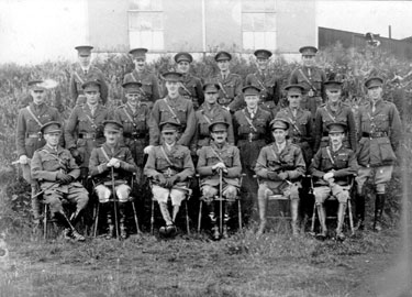 214 Battery Royal Artillery, Huddersfield Territorial Army - Catterick Camp Brigade Offices - standing back row: Peasegood,?, Stanley, Capt. Threappleton, Lts. Dawson & Swift. Second row: Lts. Cotton,