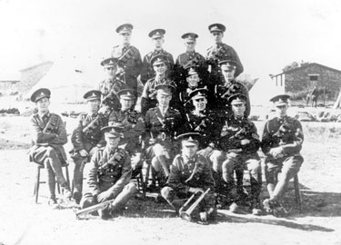 214 Battery Royal Artillery, Huddersfield Territorial Army - Catterick Camp - Lt. G.V. Baxter & Battery Staff, from left: B.D.R. Marran, Sgt. Garraty, BSM Munro, Sgt. Nutton, B.D.R. Ward.