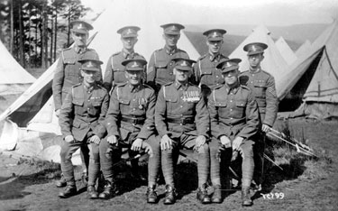 214 Battery Royal Artillery, Huddersfield Territorial Army - Redesdale Camp - Back row: Sgts. Hoye, Fox, Small, Ward, Marren (NCO). Front row: Sgt. Clark (fitter) BSM Levell, BSM Brook, Sgt. Graley.