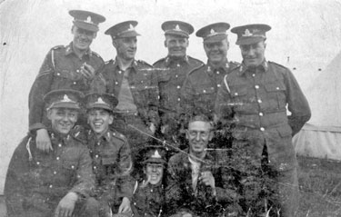 214 Battery Royal Artillery, Huddersfield Territorial Army - D. Sub Alliat ICI - back: BDR Taylor, Sgt. Ward, Gnr Crosland, GNC. Hoyle, front row: GNR Hirst, Gnrs. Bradley, and L/Brt. Pearson