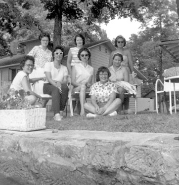 Young evacuees, children of Hoover Employees sent to USA in WWII: Reunion - back, Ilene, Lais and Sally; front, Ruthie, Jackie, Bash, Marilyn and Carolyn