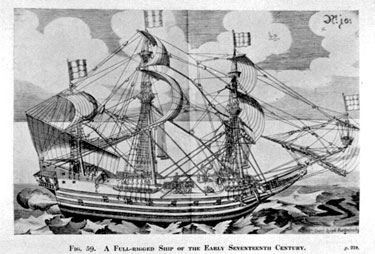 Drawing of full-rigged ship of early C17