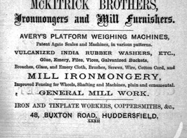 Advert for McKitrick Brothers, Ironmongers, 48 Buxton Road, Huddersfield