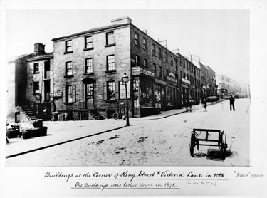 Corner of King Street and Victoria Lane, buildings taken down 1878, Huddersfield